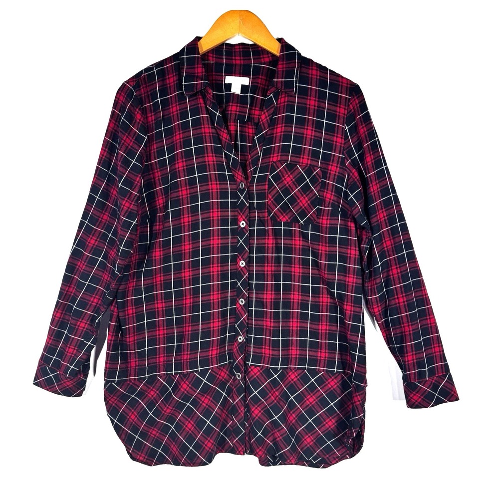 J Jill Womens Petite SM Plaid Shirt Red Black White Button Front Cotton Festival